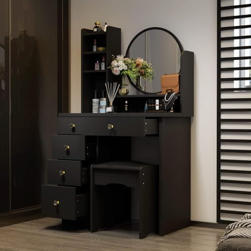 PREMTURE Dressing Table & Stool Set with Round Mirror, 80W x 40D x 135H cm Makeup Table with Ottoman & 5 Drawers, Large Storage Space Vanity Desk for Bedroom Furniture (Black)