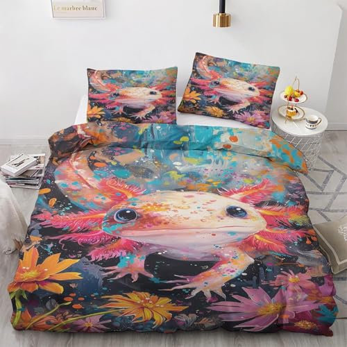 SUWALI Bettwäsche 140x200 Axolotl - Bunt Blumen Muster Bettwäsche Set 2 Teilig, Wendebettwäsche Weiche Microfaser Bettbezug mit Reißverschluss und 1 Kissenbezug 70x90 cm