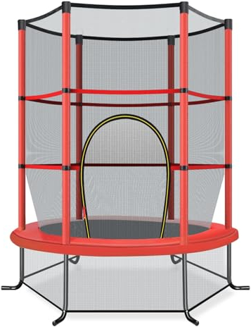 COSTWAY Ø165cm Gartentrampolin mit Sicherheitsnetz, Trampolin bis 135KG belastbar, Indoor-/Outdoortrampolin für Kinder ab 3 Jahre (Rot, Ø165x191cm)