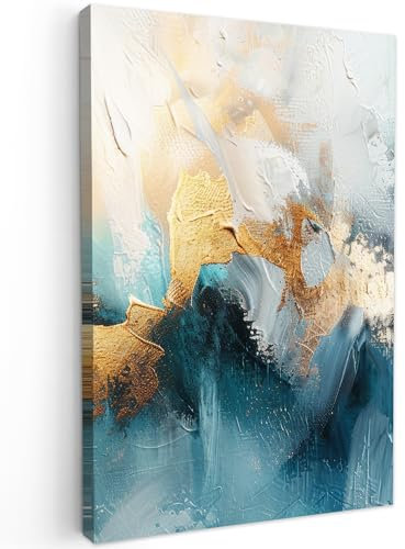 MuchoWow© Leinwandbilder Groß 80x120 cm XXL Wall Art Decoration Bilder für die Wand Schlafzimmer Deko Canvas Painting Wanddekoration Wohnzimmer Abstrakt - Kunst - Gold - Blau