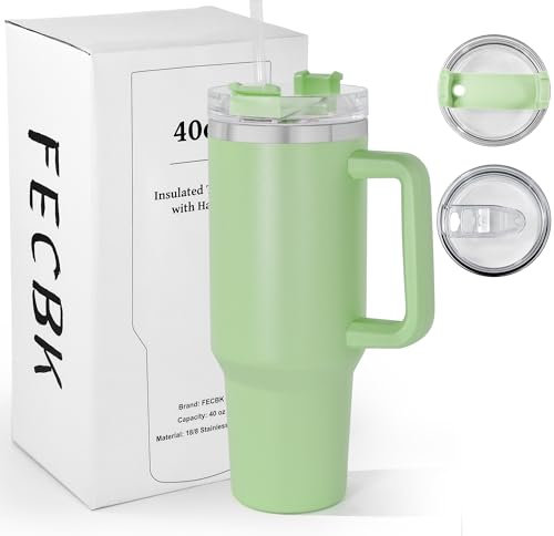 FECBK 40oz Tumbler with Straw and Lid 1.2L, 100% Leak-Proof Travel Mug with Handle, Stainless Steel Vacuum Insulated Water Bottle Keeps Cold for 34H / Hot 12H, Dishwasher Safe, Greenery