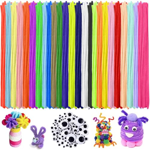 PUWOWYE 300 Stück Pfeifenreiniger Bunt, 25 Farben Pfeifenputzer zum Basteln, 30cm Chenilledraht, 6mm Pfeiffendraht mit 100 Wackelaugen Selbstklebend