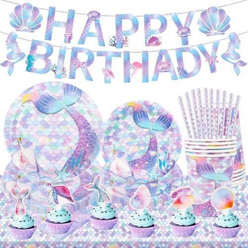 AKONE Juego de 62 vajilla de fiesta de sirena, decoración de cumpleaños para niños, platos de papel, tazas, servilletas, manteles y pancartas de cumpleaños