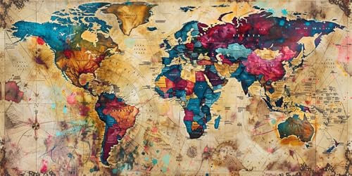 Carte Du Monde Peinture par Numéros Grand 50x100cm,Peinture Numero Adulte Rétro Painting by Numbers Bricolage kit Peinture Adulte Peint à la Main Peinture à l'huile Toile Kit pour Débutants,Sans Cadre