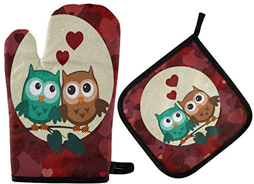 Ofenhandschuhe Muttertag Eulen Rot Liebestag Kochhandschuhe Waschbare Topfhandschuhe Anti-Rutsch Topflappen Set Für Barbecue Backen Kochen