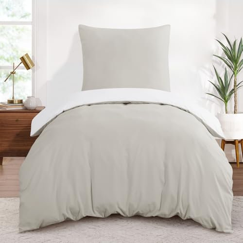 Aisbo Bettwäsche 155x220 2teilig Beige/Weiß - Bettwäsche Sets 1 Bettbezug 155x220 cm + 1 Kissenbezug 80X80 cm, ÖKO-TEX Wendebettwäsche Weich Mikrofaser mit Reißverschluss