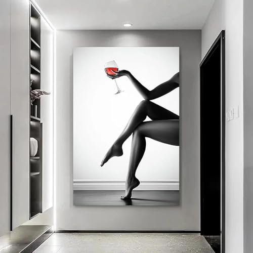 MHLCMG Affiche Noir Blanc Sexy Femmes Verres à vin Rouge Toile Tableau Art Peintures sans Cadre Decoration Murale pour Salon Chambre Tableau Decoration (70X105CM)