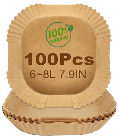 THLO INC 100PCS Air Fryer Parchment Liners 7.9 Inch Disposable Square Air Fryer Liners Parchment Paper Liner Food Grade Baking Paper Oil-Proof, Water-Proof, for Air Fryer Liner 6L-8L