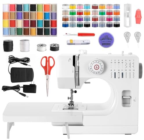 Mechanische Nähmaschine für Näh-Einsteiger & Anfänger, 14 Stichprogrammen, Nähmaschine mit Verlängerungstisch mit Fußpedal & Nähset, Mini Nähmaschine Nählicht & Mini elektrischem Fußanlasser