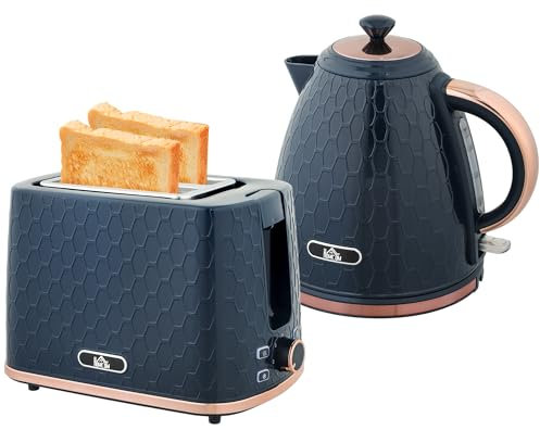 HOMCOM Kettle and Toaster Set, 1.7L 3000W Fast Boil Jug Kettle with Auto Shut Off, 2 Slice Toaster with 7 Level Browning Controls & Crumb Tray, Blue