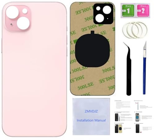 15 Vitre arrière de rechange pour iPhone 15 (rose, 6,1 pouces) avec ruban adhésif préinstallé, instructions d'installation (français non garanti), outils de réparation (rose)
