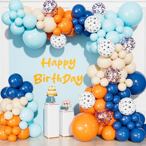 Adeyoo 130Pcs Blue and Orange Balloon Arch Kit Garland for Boys Girls | Blue Balloon Arch Orange Nude Dog Paw Balloons Glitter Confetti Balloons for Theme Birthday Baby Shower Party Decorations