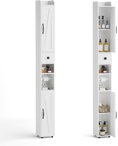 BonVache Badezimmerschrank, Bdschrank schmal mit Verstellbare Ablagen und Halter, Schmaler Hochschrank mit Offenen Fächern und Schublade, für Badezimmer, Wohnzimmer, Küche, kleine Räume, 20x20x180cm