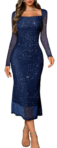 DRESSTELLS Sequin Formal Dresses for Women UK, Sparkly Long Sleeve Wedding Guest Cocktail Party Evening Gown Prom Bodycon Mesh Dress Navy XL