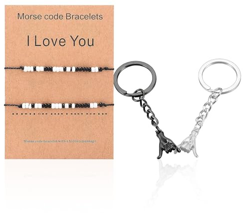 ElevaPulse Valentinstag, Partner Armbänder Set Mit Morsecode I Love You Armband Und Hand In Hand Schlüsselanhänger Für Sie Und Ihn Romantisches Pärchen Accessoire