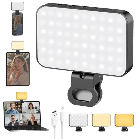 Smiling Shark Selfie Lampe, Handylicht Aufladbar Kompakt & Ultraleicht mit verstellbarem Winkel 3 Farbtemperaturen & 10 Helligkeitsstufen Augenschonend & Langlebig Perfekt für Computer Laptop Make-up