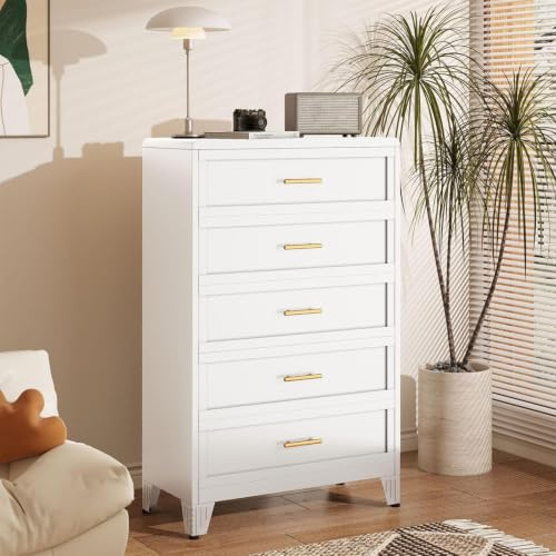Lusiwry 135.8㎝ Hoche Kommode für Schlafzimmer 5 Schubladen, Metallkomode, Runde Schubladenschrank für Zuhause, Aktenschrank mit Schubladen für Büro, Weiß