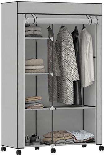 HOMCOM Kleiderschrank aus Stoff, mobiler Aufbewahrungsschrank, 6 Rollen, mit Kleiderstange und offenen Regalen, Kleiderschrank, Rollschrank, für Schlafzimmer, 103 x 43 x 162,5 cm, Grau