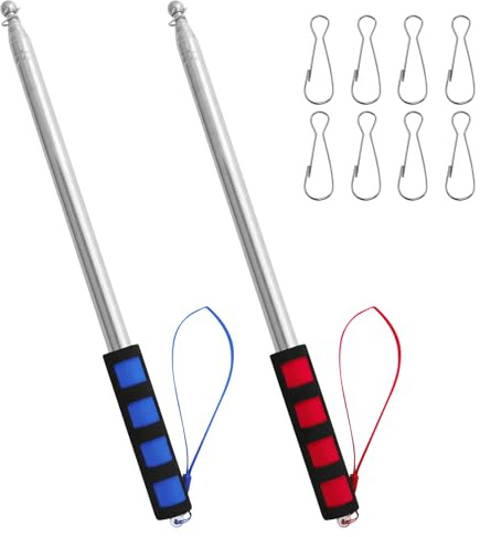 2 Stück Teleskop Fahnenstange, 3m Handheld teleskop fahnenmast Edelstahl mit 8 Clips Haken, teleskopstab Fahnenstange Ausziehbar für Reise Camping Reiseleiter Lehrer (Blau & Rot)