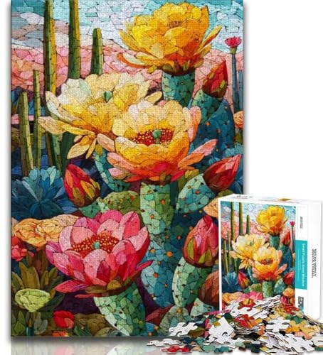 Buntglas-Kaktus-Puzzle, 1000 Teile, für Erwachsene und Jugendliche, hilft dem Gehirn, süchtig machendes Spielzeug zu trainieren, um Geduld zu fördern, tolles Geschenk, 38x26cm