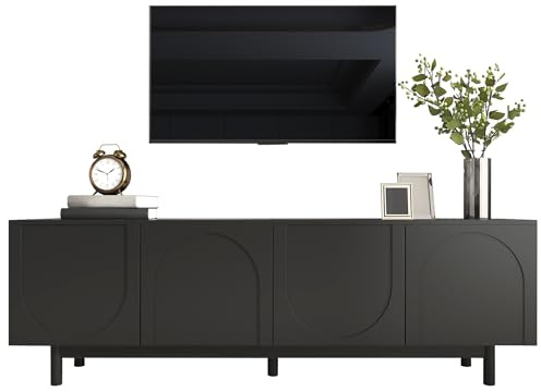 MUZHIXIANG Modernes TV-Lowboard mit Push-to-Open-Türen – Stilvoller TV-Schrank aus Holz mit Massivholzbeinen & Großzügigem Stauraum für Wohnzimmer (Schwarz)