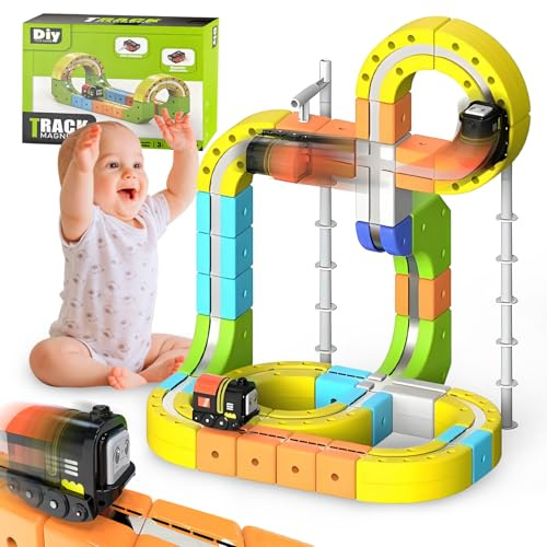 Clickrail Elektrisches Magisches Schienen-WüRfelzug-Set, Magnetische Auto-Bahn, DIY Magnetische Zugstrecken-Set FüR Kinder, Magischer Schienenblock, Schwerkraftwidrige 3D-Eingelassene Layouts (105pcs)