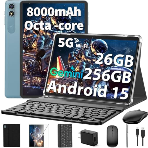 Android 15 Tablet 10 Inch 2026 Tablet with Keyboard, 24GB+256GB+2TB Expanding Tablets, PC with Gemini AI, Octa-Core, 8000mAh, 5G WiFi, Widevine L1, GMS, 2 in 1 Tablets with Case, Mouse