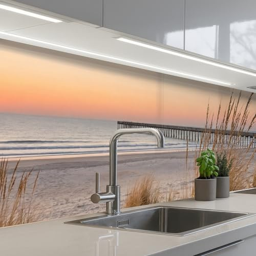 KitchenYeah© Küchenrückwand Selbstklebend Küchenspritzschutz Rückwand | 80x400 cm - Wandschutz Ohne Bohren Spritzschutz Wand Wandverkleidung Pier - Sonnenuntergang - Strand