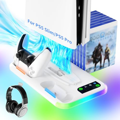 TicEaik Support vertical et Station de Refroidissement pour PS5 Slim et PS5 Pro, Ventilateur à 3 Vitesses Réglables, Station de Charge Double Manette, 2 Ports USB, Lumière LED RGB