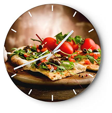 Modern Wanduhr Pizza Vegetarier Italien Essen 40x40cm Rund Groß Wand Uhr Glas Analog Zimmeruhren Küche Büro Wohnzimmer Glasuhr Wall Clock Dekoration Design Wanddekoration Küchenuhr C3AR40x40-2540