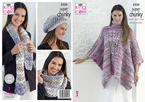 King Cole 5320 Strickmuster für Damen-Poncho, Mütze, Schal und Haube, in großen, sehr dicken Farbtönen