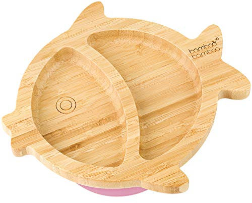 bamboo bamboo Baby Teller Kinderteller, Kindergeschirr mit Saugnapf, Sugnapf Teller Baby ab 6 Monaten (Fisch, Pink)