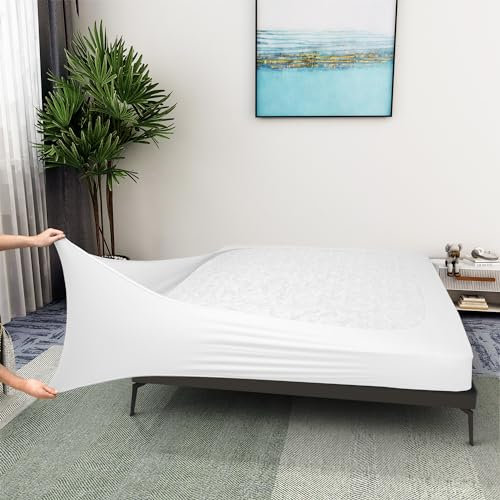 Alyvia Spring Housse en Maille de Jersey Extensible pour sommier tapissier, enveloppe Les 4 côtés, Cache-sommier pour hôtel et Maison, pour lit Queen Size/Queen Size XL, Blanc