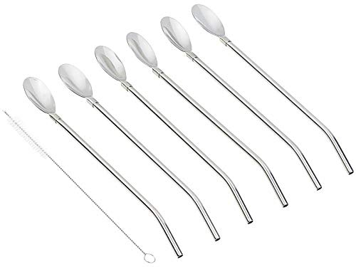 Rosenstein & Söhne Strohhalmlöffel: 6er-Set 2in1-Trinkhalm-Löffel aus Edelstahl, mit Reinigungsbürste (Löffel mit Strohhalm, Eiskaffeelöffel mit Röhrchen, Mitbringsel)