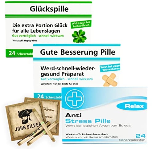 Scherztabletten im 3er Set, Schoko Tabletten als Geburtstagsgeschenk. Spaß, Anti Stress, gute Laune, Junggesellenabschied Mann und Frau. Erfurth Fun® JOHN SILVER® Schoko Drops