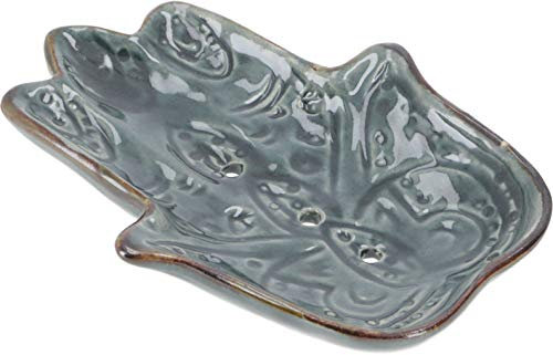 GURU SHOP Exotische Keramik Seifenschale - Hamsa Hand/Grau, 2x10x8 cm, Seifenschalen