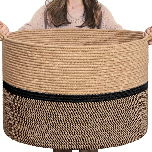 CHICVITA Extra großer Aufbewahrungskorb, XXL, gewebt, Baumwollseil, für Überwurfdecken, mit Griffen, dekorativer Wäschekorb, 55,9 x 55,9 x 35,6 cm, Schwarz