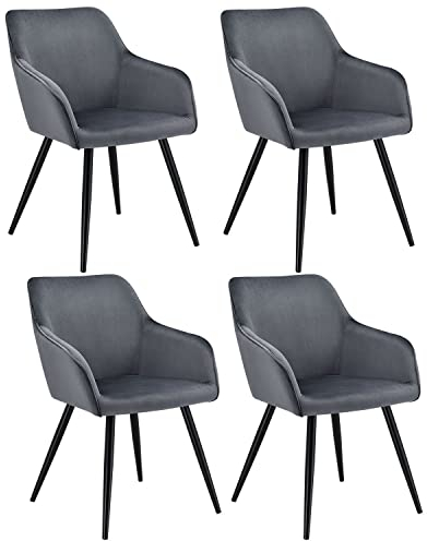 Juskys Esszimmerstühle 4er Set Tarje mit Rückenlehne & Armlehne, Metallbeine, Samt Bezug, bis 110 kg belastbar, 4 Stühle Esszimmer Küche Küchenstühle - dunkelgrau