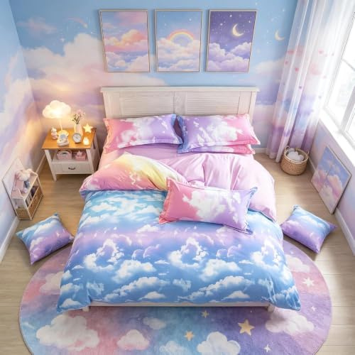 Loussiesd Cloud Sky Duvet Cover Set for Girls Rainbow Bedding Set Kids Comforter Cover Cute Lightweight Soft Pink and SkyBlue Bedroom Decor Lovely Teens Bedspread Cover King Size Zipper