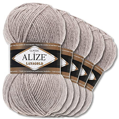 Alize 5 x 100 g Lanagold Wolle | 53 Auswahl | Stricken Häkeln Wolle (207 | Hellbraun Melange)