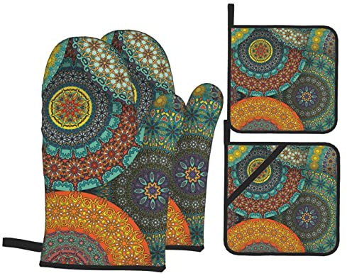 YUMEBLTD Ofenhandschuhe, buntes Vintage-Muster, Ofenhandschuh und Topflappen für Küche, Kochen, Backen, Grillen