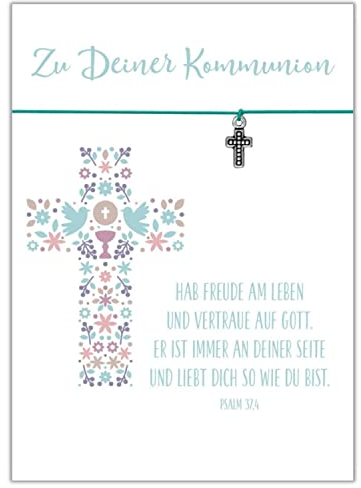 Glücksschmiedin - Erst-Kommunion Geschenk christliche Grußkarte mit handgemachtem Armband (türkis, silberfarbener Kreuz-Anhänger)