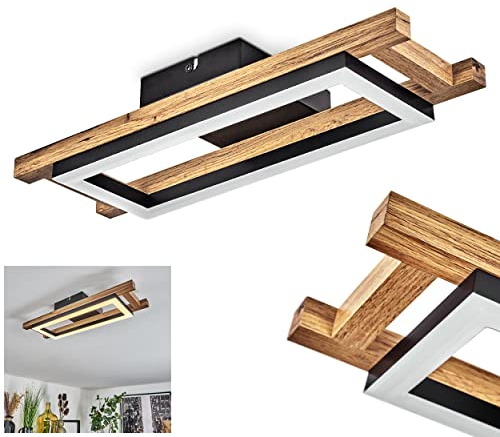 HOFSTEIN LED Deckenleuchte Ayajasco, moderne Deckenlampe aus Metall/Holz in Schwarz/Natur/Weiß, 400 Lumen, 3000 Kelvin, 1 x LED 10 Watt (inkl.), Leuchte im skandinavischen Design mit Holzrahmen