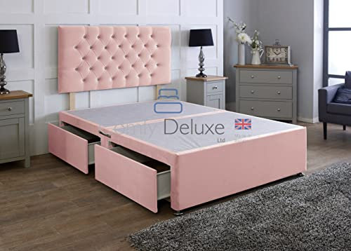 Comfy Deluxe LTD Plush Velvet Divan Bed Base with Chesterfield Headboard (No Mattress) (Pink, 2FT6-2 Drawers Same Side)