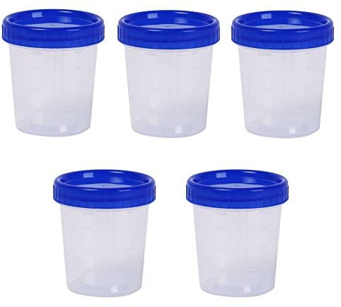 SEIWEI 5Pcs Plastic Measuring Cup, 120ml Thickened Bottom Graduated Beakers with Screw lids for Lab, Kitchen Liquids