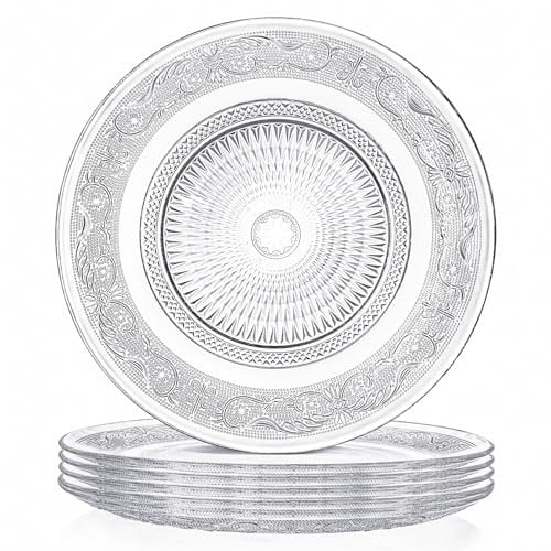 Elsjoy Set of 6 Embossed Glass Dinner Plates, 10 Inch Round Transparent Serving Plates, Dishwasher Safe Tableware for Pasta, Salad, Home Wedding, Dinner Party Decoration (Anti-Slip Base