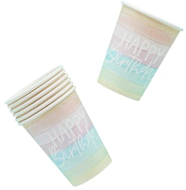Hootyballoo Happy Birthday Paper Cups Pastel Rainbow Party 8 Pack Recyclable Eco-Friendly