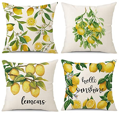 OCEUMACO Leinen Kissenbezug 45x45 Winter Gelb Zitrone Muster Kissenhülle 4er Set Quadratisch Dekokissen Sofakissen Bezug für Couch Landhausstil Kissen Kissenbezüge Deko Zierkissen Couchkissen
