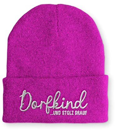 tshirtladen Dorfkind und stolz Drauf Beanie Wintermütze Bestickt Pinke Spruchmütze für Damen und Herren lustige Statementmütze auffällig Trend Fashion Accessoire für Freizeit Festival Party