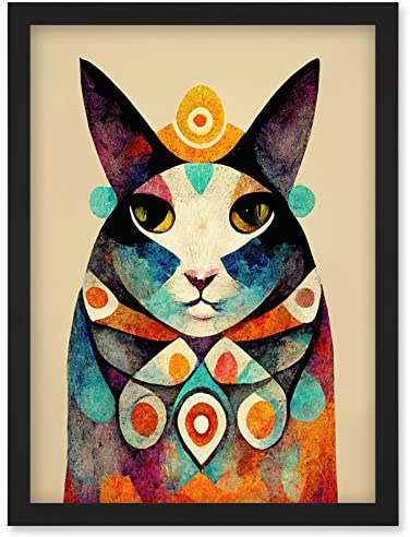 Wee Blue Coo Quirky Boho Abstract Modern Shaman Guru Cat Artwork Framed Wall Art Print A4